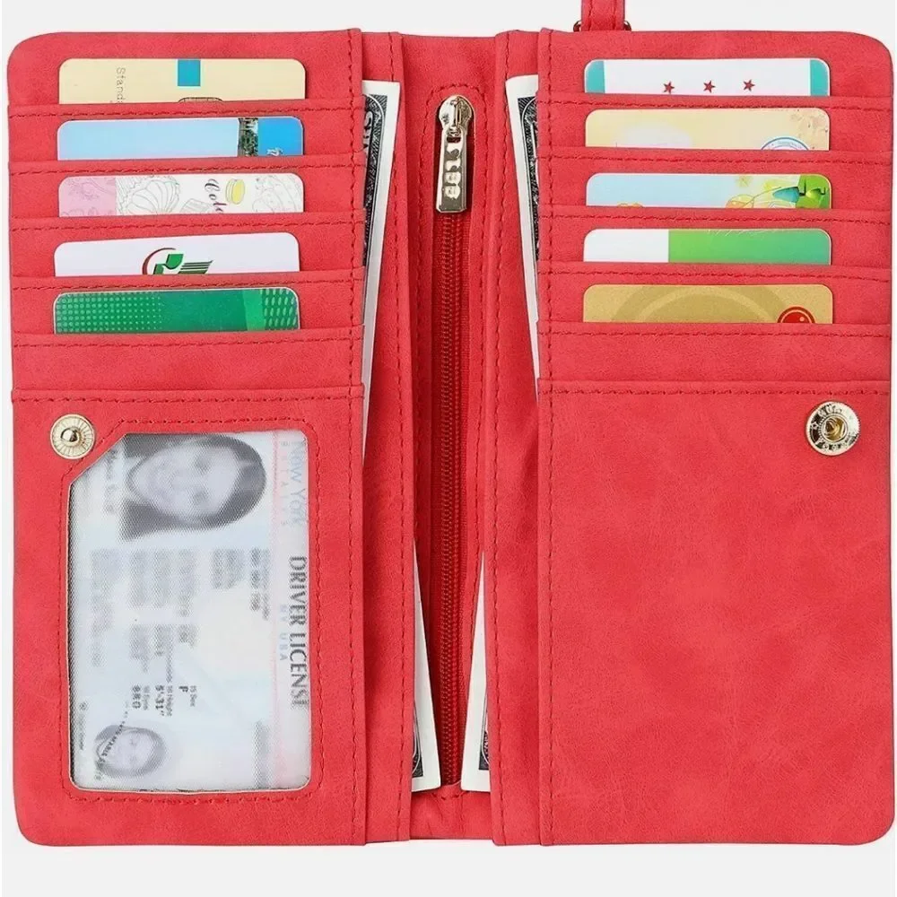 Red Women PU Leather Clutch Wallet Zipper Long Purse Card Holder Phone Handbag